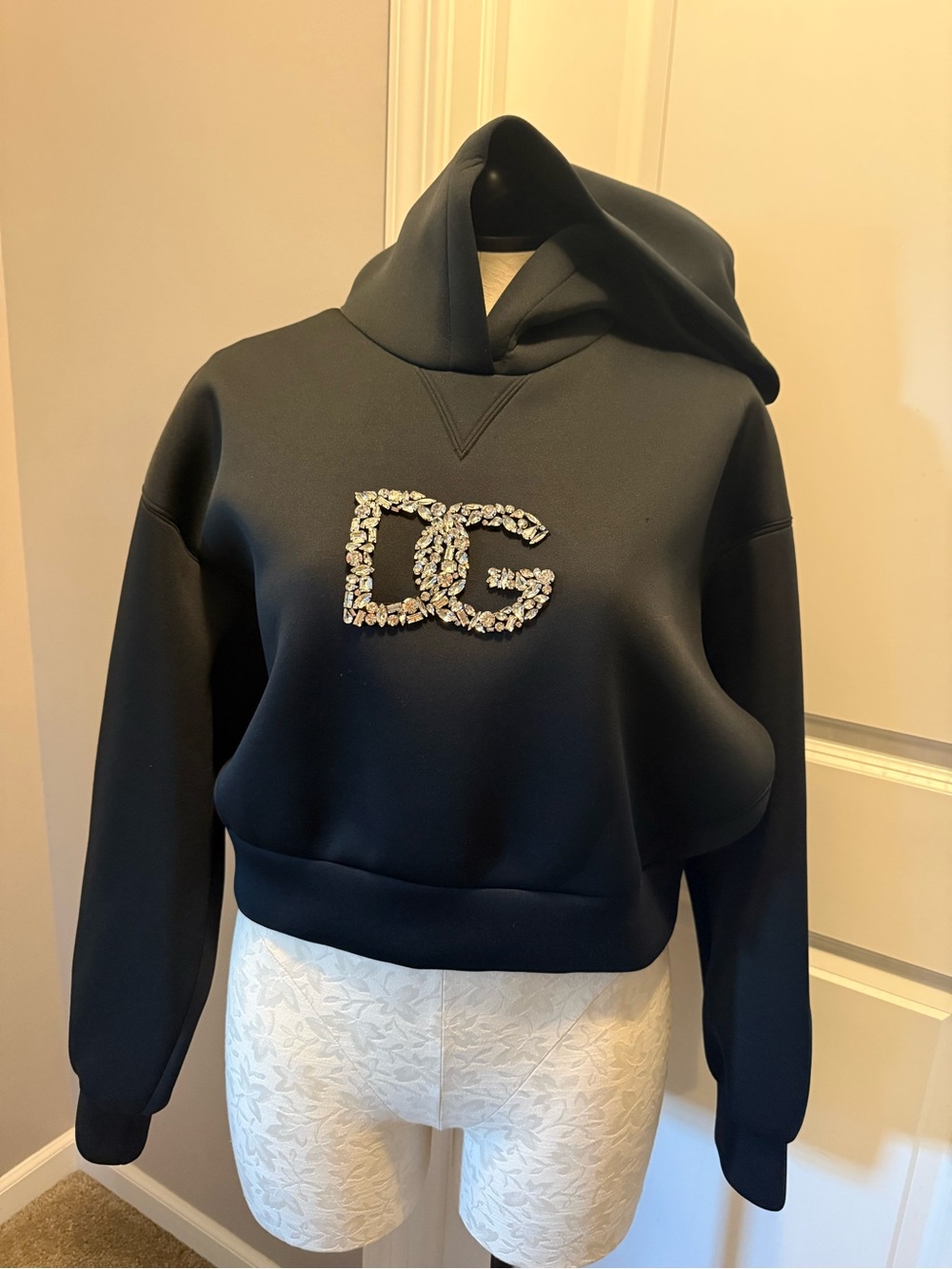 Dolce & Gabbana Black Hoodie with Crystal DG Emblem